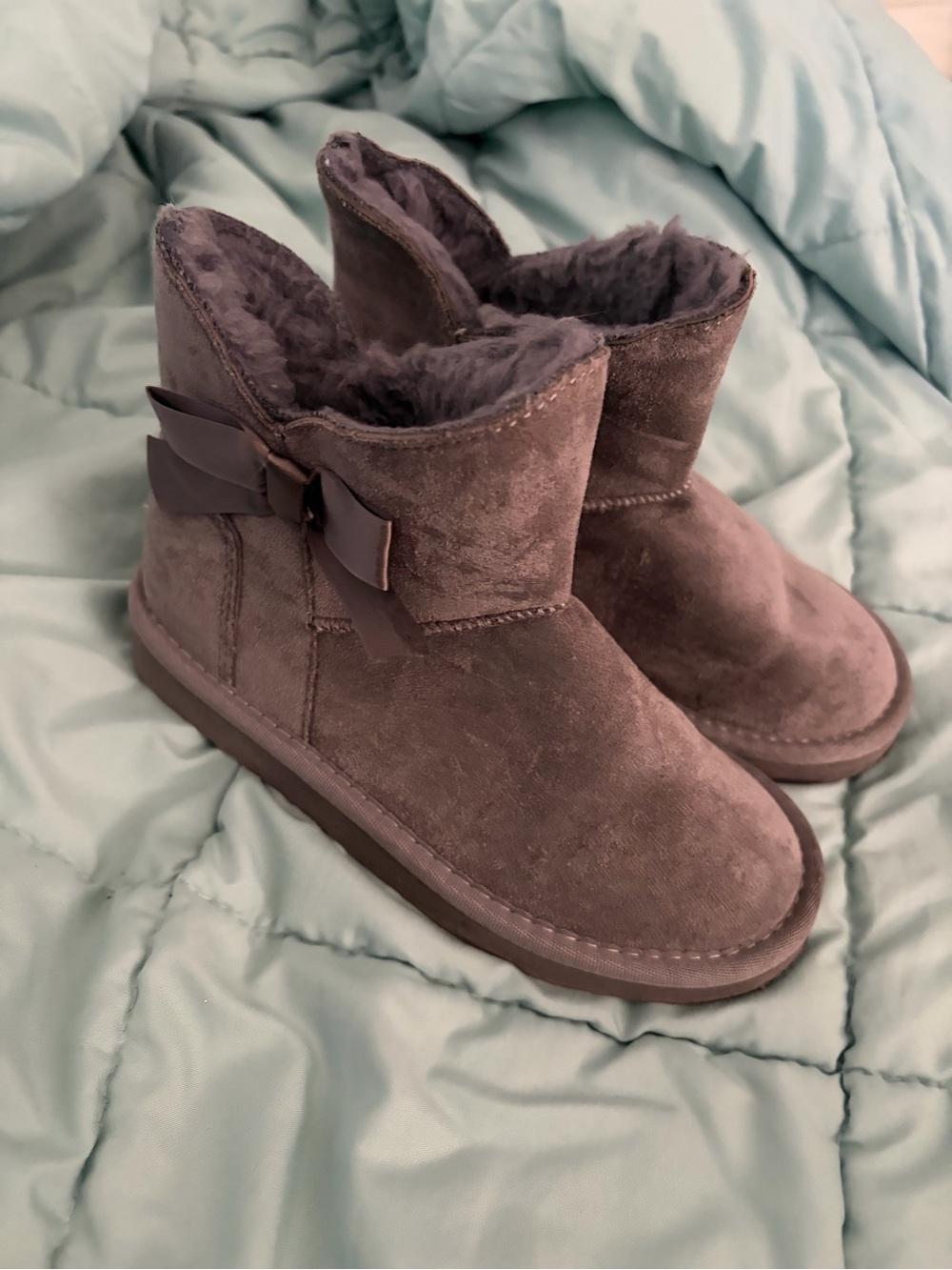 PAWZ Kids Plush Bow Taupe Bootie Slippers